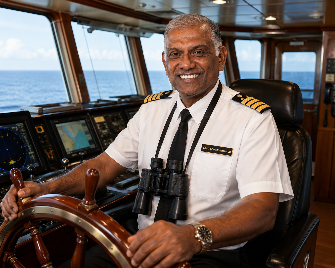 Isaac at the helm of a ship, representing cruise planning